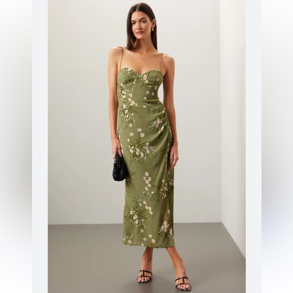 Reformation Green Ruched Midi Sundress
